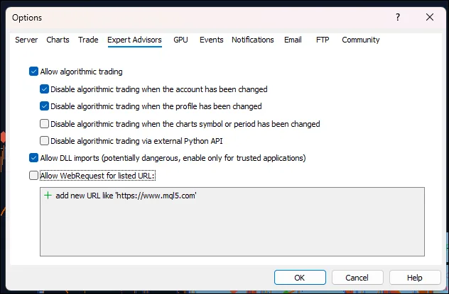 Bước 05: Bật Allow DLL imports trong MT5